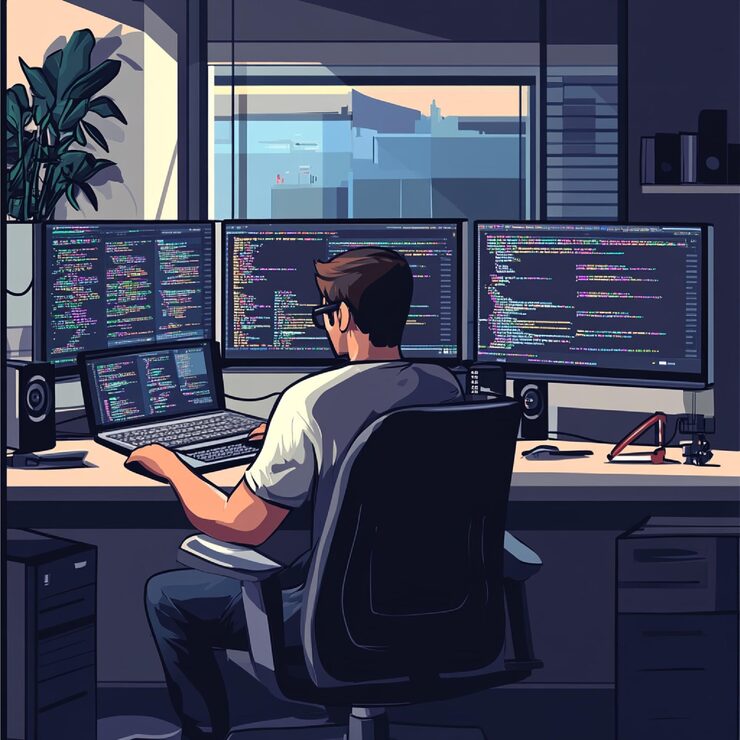 Photo 코드와 개발을 표시하는 여러 모니터를 가진 현대적인 환경에서 코딩하는 프로그래머