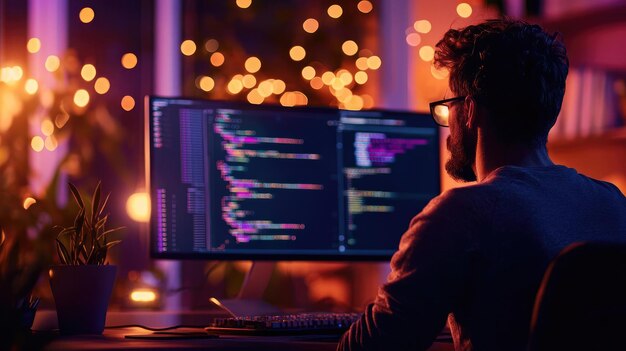 a programmer coding at night illuminated by a computer screen with dynamic code and soft ambient lighting in a tech atmosphere