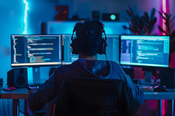 Photo a programmer coding software on a laptop with multiple screens showing user interfaces concept programming software development coding user interface design multiple screens