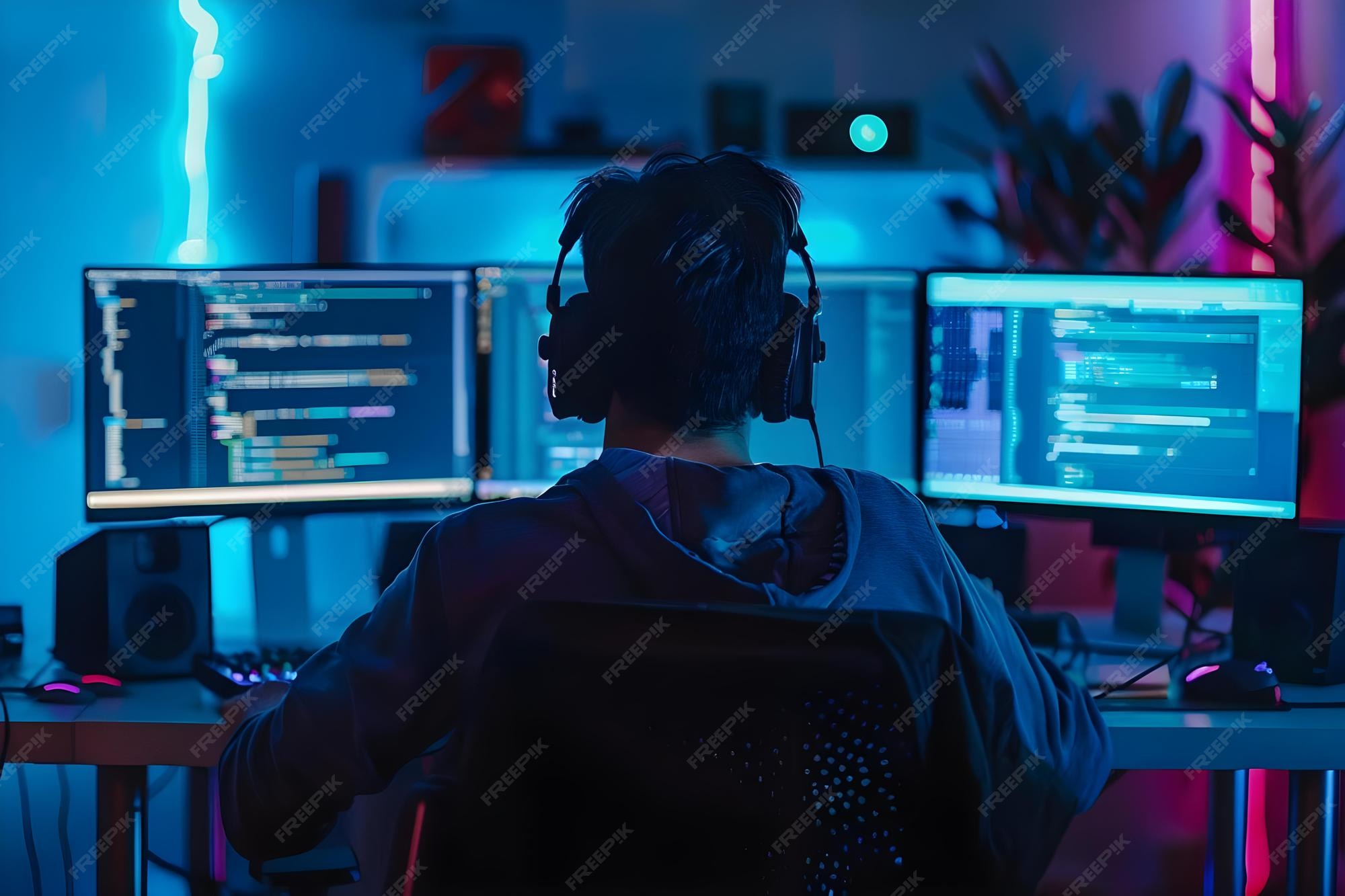 Premium Photo | A programmer coding software on a laptop with multiple ...