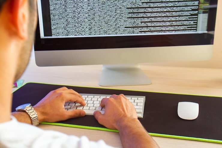 Photo programmer coding with computer programmer at the work