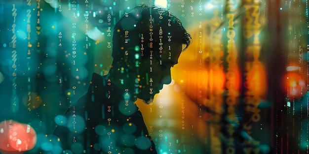a programmer coding with data centers in the background concept technology coding data centers programmer work environment