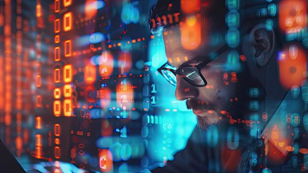 programmer coding with digital technology visuals and binary code in the background