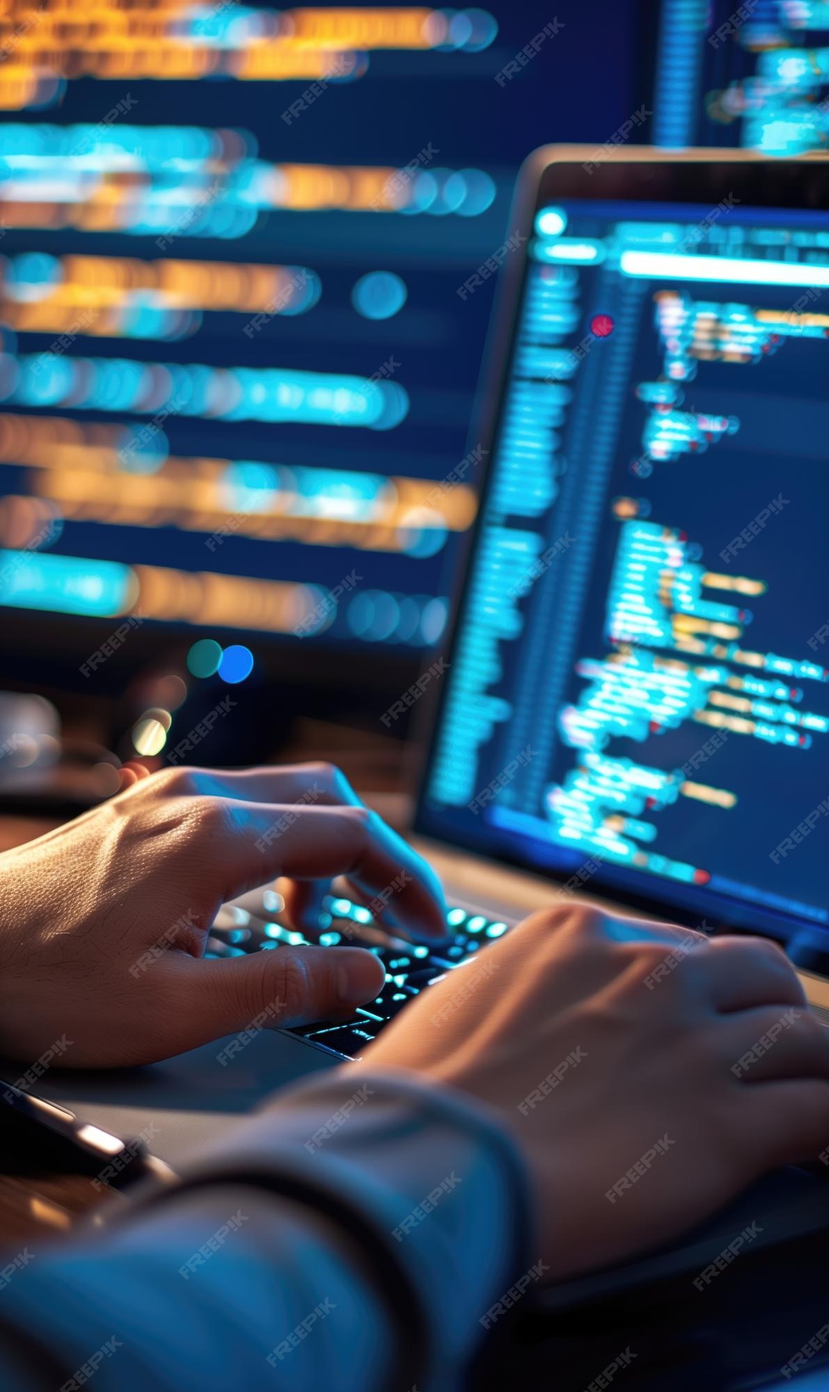 Premium Photo | Programmer coding at work with hands at laptop ... image.