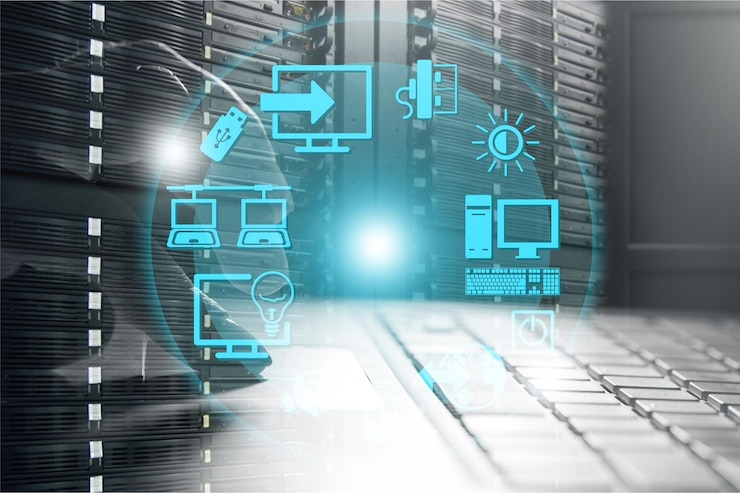 Photo programmer in data center room and icon control