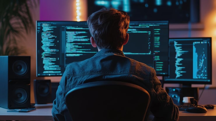 Photo a programmer debugging code with error messages and code logic displayed on a large