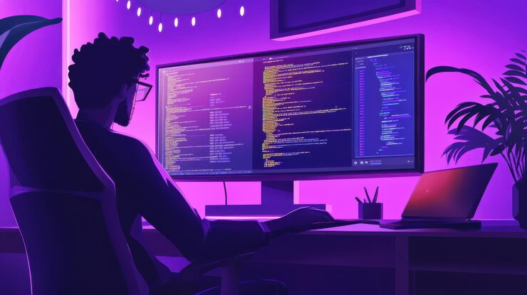 Photo a programmer debugging code with error messages and code logic displayed on a large