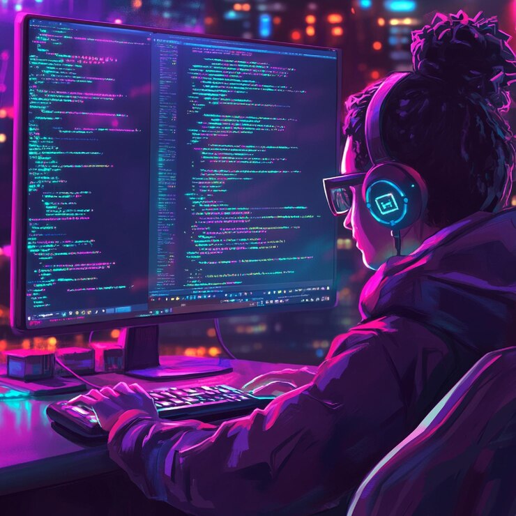 A programmer debugging a game with lines of code and error messages on ...