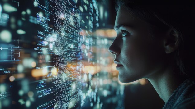 โปรแกรมเมอร์ที่จดจ่ออยู่กับจอแสดงผลโฮโลแกรมของโค้ดที่ล้อมรอบด้วยอัลกอริธึมที่ลอยอยู่และเครือข่ายประสาท สภาพแวดล้อมมืดด้วยแสงที่นุ่มนวลส่องสว่างใบหน้าของพวกเขา สร้างความรู้สึก