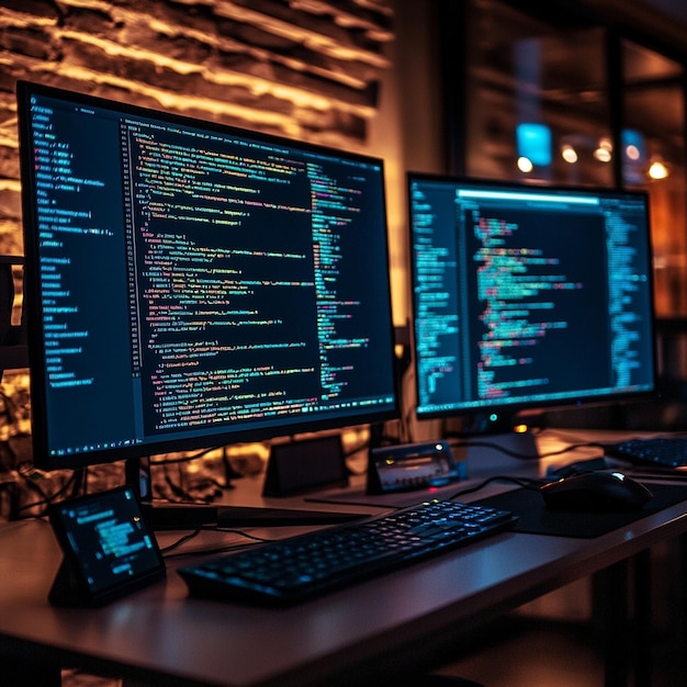 programmer desk setup with laptop and multiple computer screens displaying source code programming