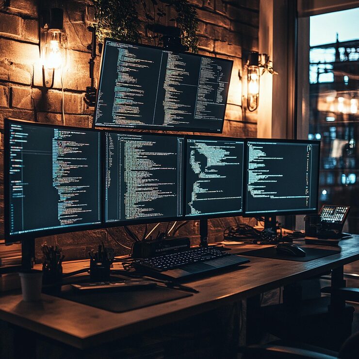 Photo programmer desk setup with laptop and multiple computer screens displaying source code programming