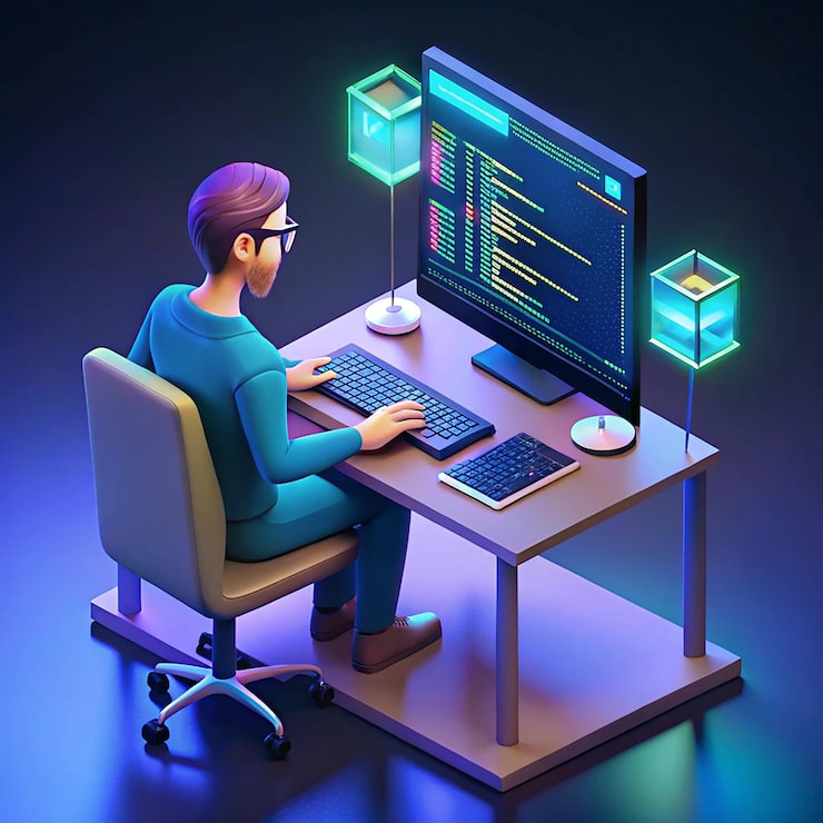 Photo programmer developer typing script source languages coding symbols icon development project data programming software engineering it technologies computer 3d rendering