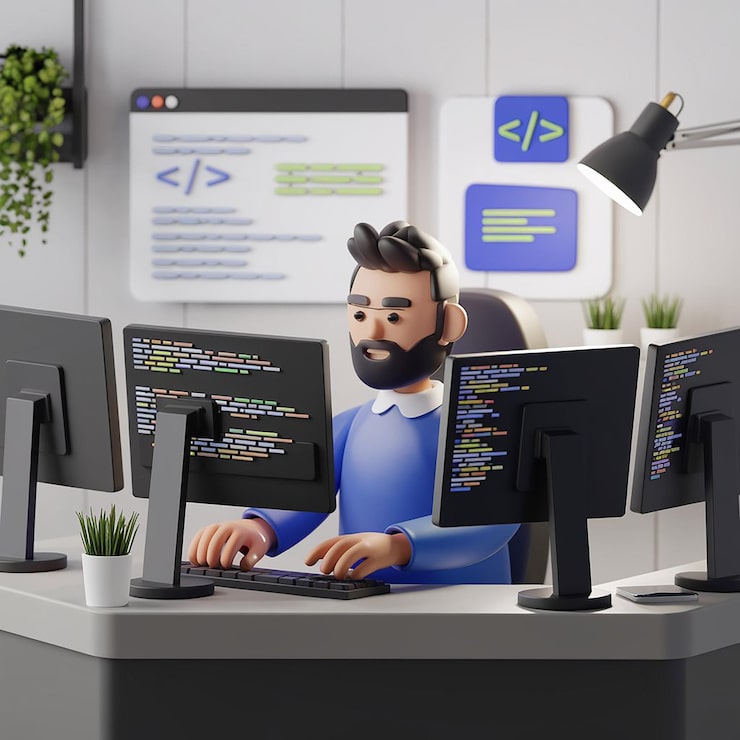 Photo programmer developer typing script source languages coding symbols icon development project data programming software engineering it technologies computer 3d rendering