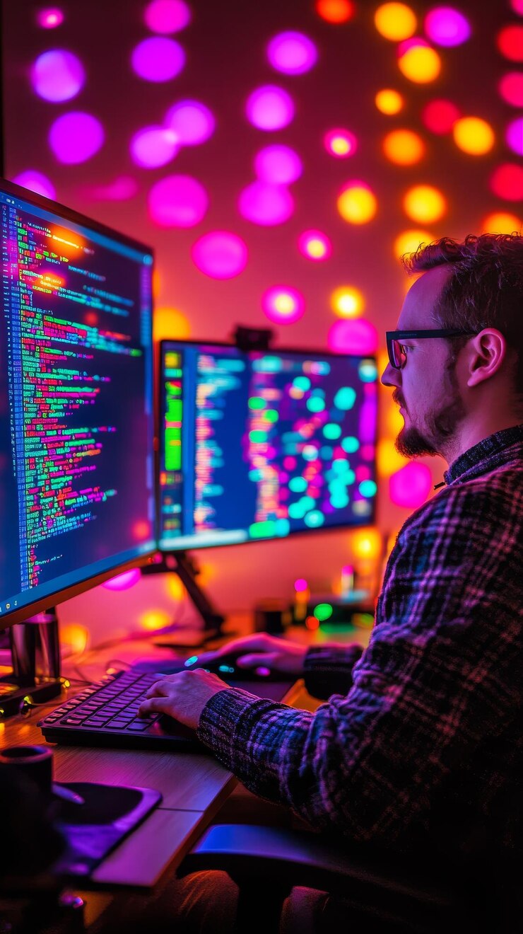 Photo programmer engaged in coding with colorful background