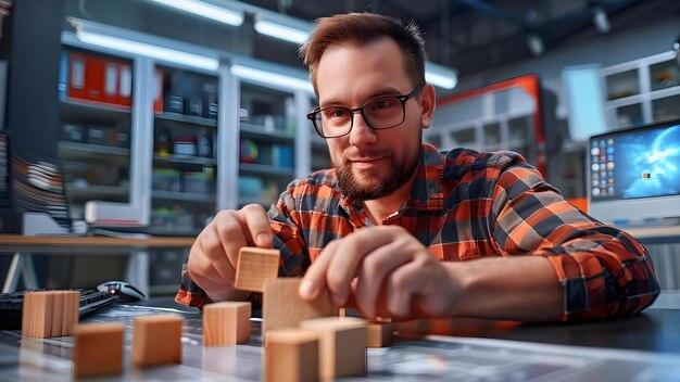 programmer fixes computer bugs with wooden blocks concept computer programming troubleshooting wooden blocks humorous situations creative solutions