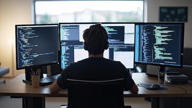 a programmer focused on code analysis at a modern workstation with multiple monitors displaying various programming languages