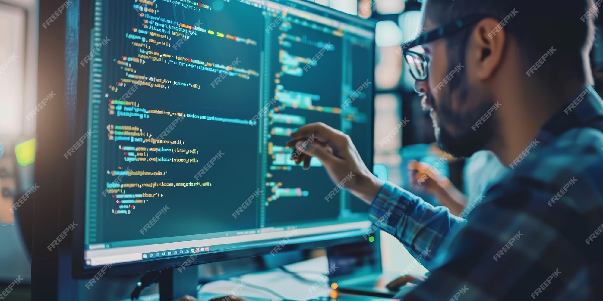 Programmer focused on coding on a computer screen surrounded by code ...
