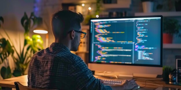 programmer focused on coding on a computer screen surrounded by code representing software development