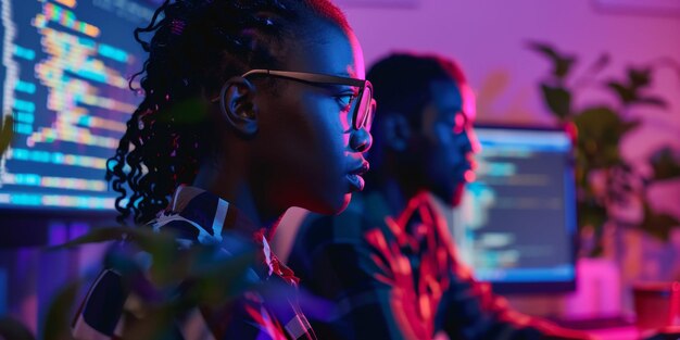 programmer focused on coding on a computer screen surrounded by code representing software development