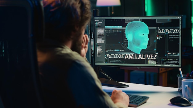 Programmer at home creating conscious AI superintelligence