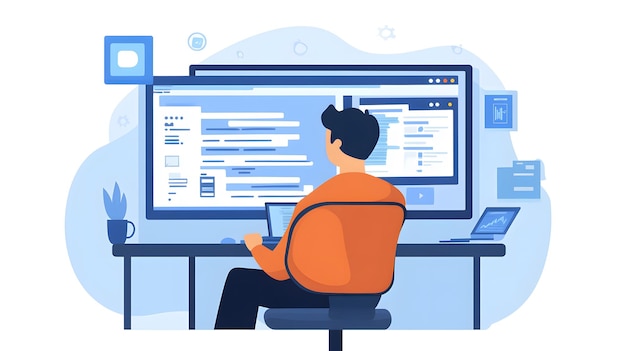 programmer integrating api with website on a dual monitor setup efficient web development process advanced coding
