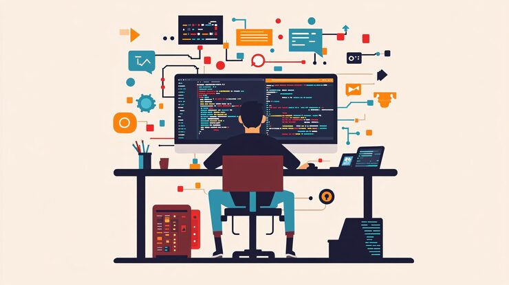 Photo programmer integrating api with website on a dual monitor setup efficient web development process advanced coding