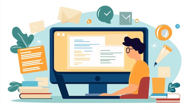 प्रोग्रामर कंप्यूटर स्क्रीन पर कोड की पंक्तियों को घूरते हुए एक सॉफ्टवेयर विकास परियोजना के लिए कोडिंग पर केंद्रित है