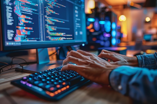 Programmer is hands on keyboard writing source code on screen monitor showing writing code
