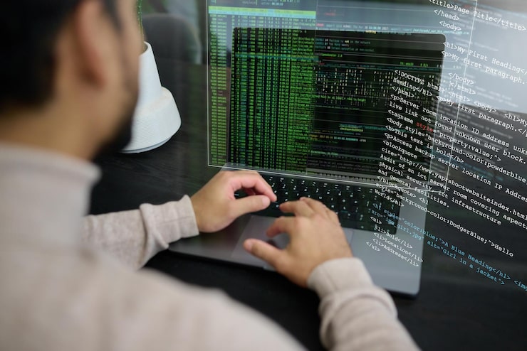 Photo programmer man and laptop coding on hologram software development or cloud computing it engineer server overlay and computer code of website digital algorithm or big data of networking developer