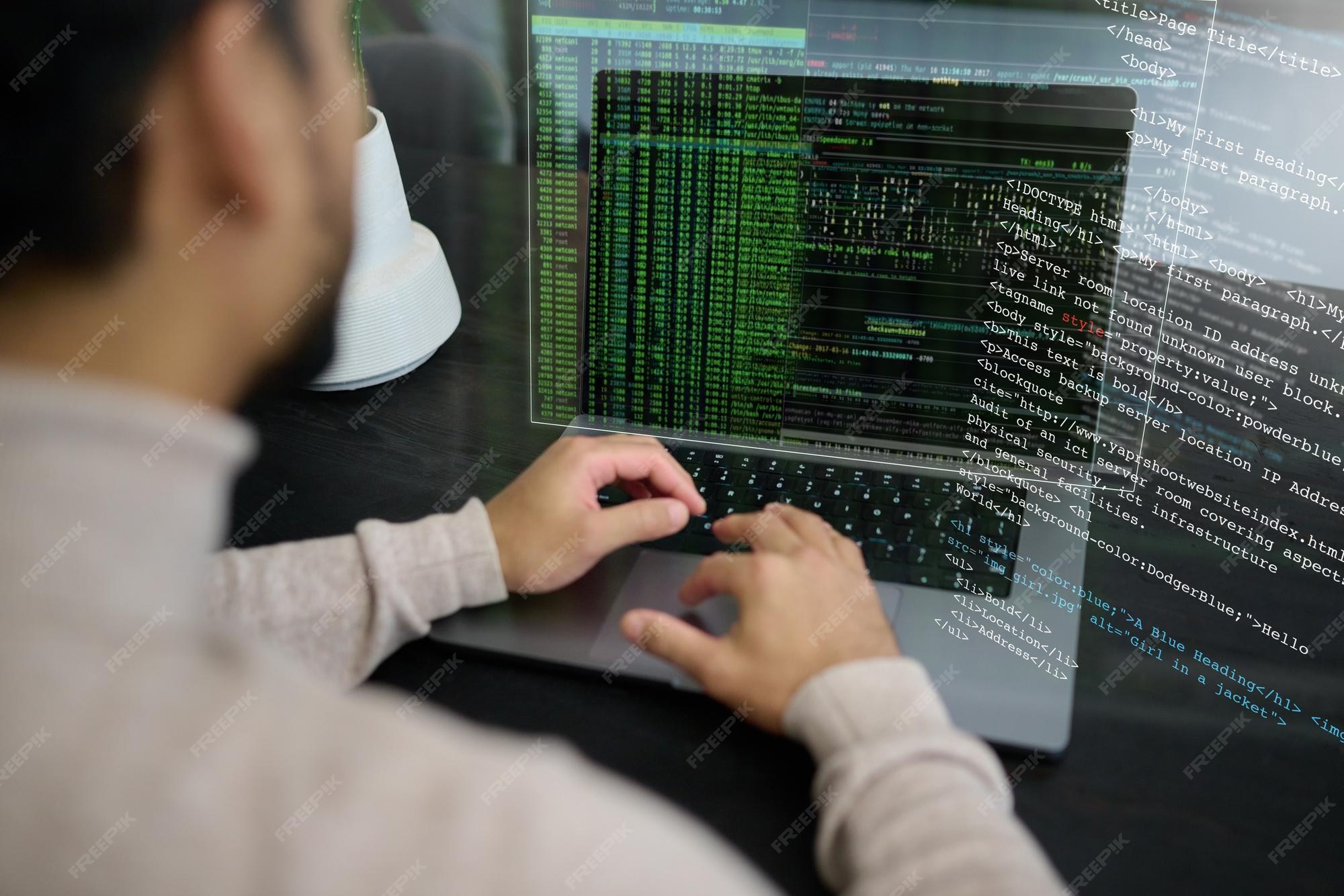 Premium Photo | Programmer man and laptop coding on hologram software ...