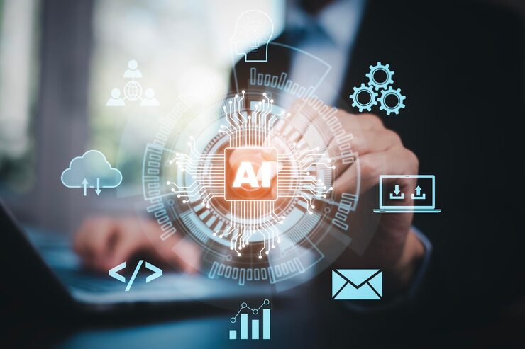 Photo programmer people working laptops or smartphones with ai artificial intelligence software engineer coding on laptop computers with technology icons and binary code big data ai bot digital machine