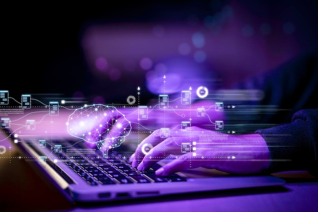 programmer people working laptops or smartphones with ai artificial intelligence software engineer coding on laptop computers with technology icons and binary code big data ai bot digital machine