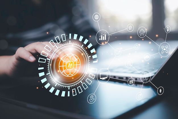 programmer people working laptops or smartphones with ai artificial intelligence software engineer coding on laptop computers with technology icons and binary code big data ai bot digital machine