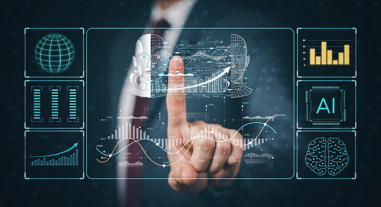 Photo 프로그래머들은 기술 아이콘과 이진 코드 빅 데이터 코딩 ai 봇 디지털을 사용하여 랩톱 컴퓨터에서 코딩하는 가상 화면 ai 인공 지능 소프트웨어 엔지니어를 터치합니다.