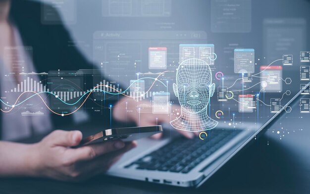 programmer people working and touch virtual screen ai artificial intelligence software engineer coding on laptop computers with technology icons and binary code big data coding ai robot digital