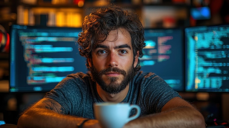 Photo programmer relaxing with a coffee after fixing a major bug moments of relief and satisfaction in a highstress it job
