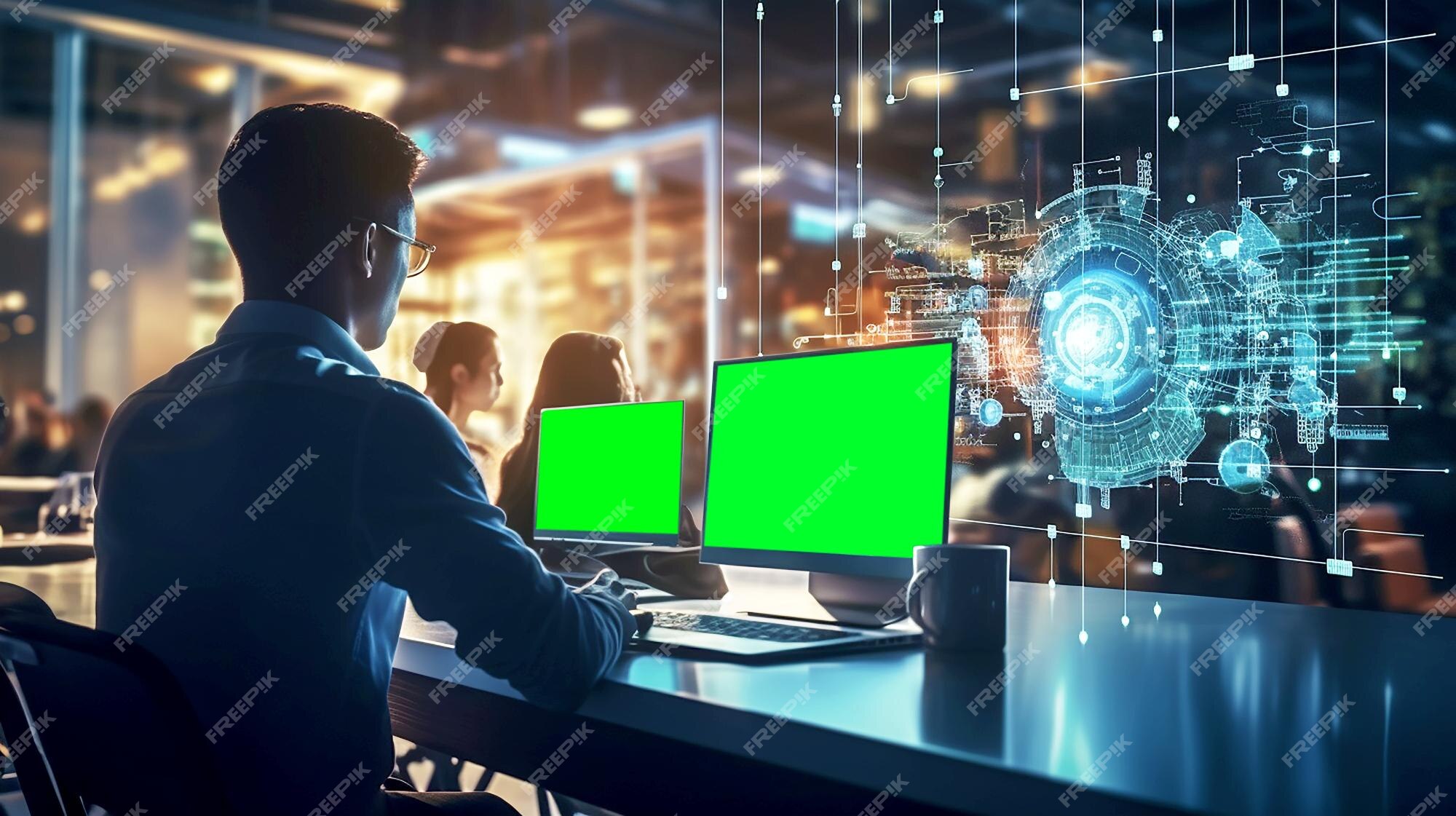Premium Photo | Programmer setting on Computer with green screen ...