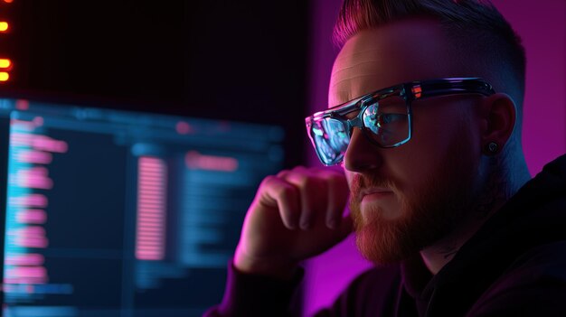 a programmer sits at a desk intently working on coding tasks while wearing glasses the room is dark with vibrant lights from multiple computer screens creating a techsavvy atmosphere