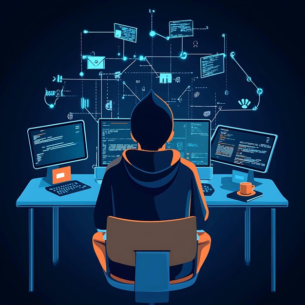 a programmer sitting at a computer and working on a coding project the image is a conceptual illustration of a programmers world