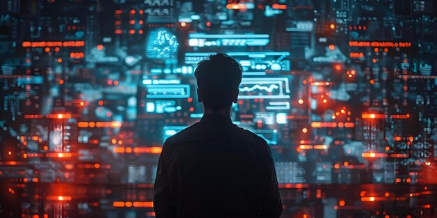a programmer stands in front of a digital interface working to fix a bug or error concept programming bug fixing digital interface programmer technology