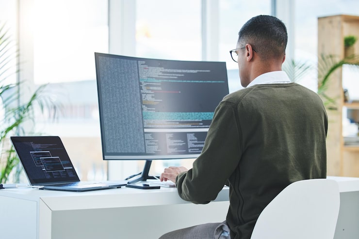 Photo programmer technician man and computer for coding software script or cyber security in office behind it engineer person with technology for programming future and data analytics or innovation