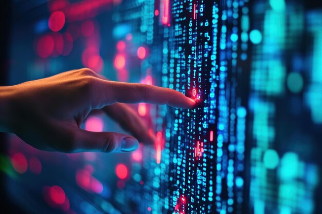 プログラマがタッチする未来的な画面でビッグデータのコード番号とプログラミング言語が表示されます