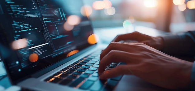 Programmer Typing Code on Laptop at Evening