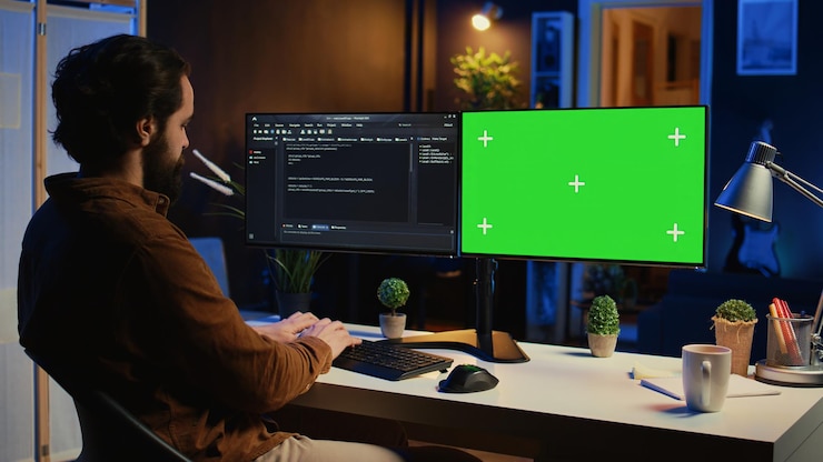 Photo programmer typing complex code on green screen computer in neon lit home office