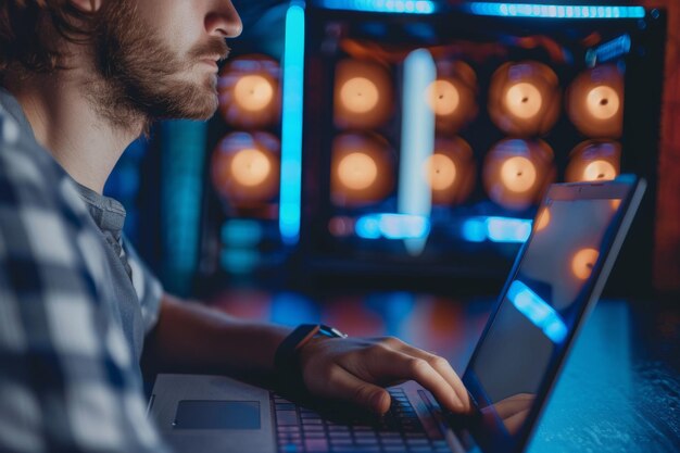 programmer using computer for cryptocurrency mining programmer using laptop and mining rig for crypt
