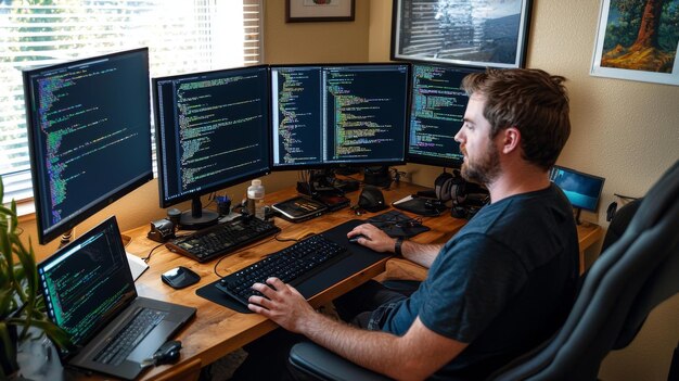 Программист, использующий несколько мониторов для управления сложными задачами кодирования