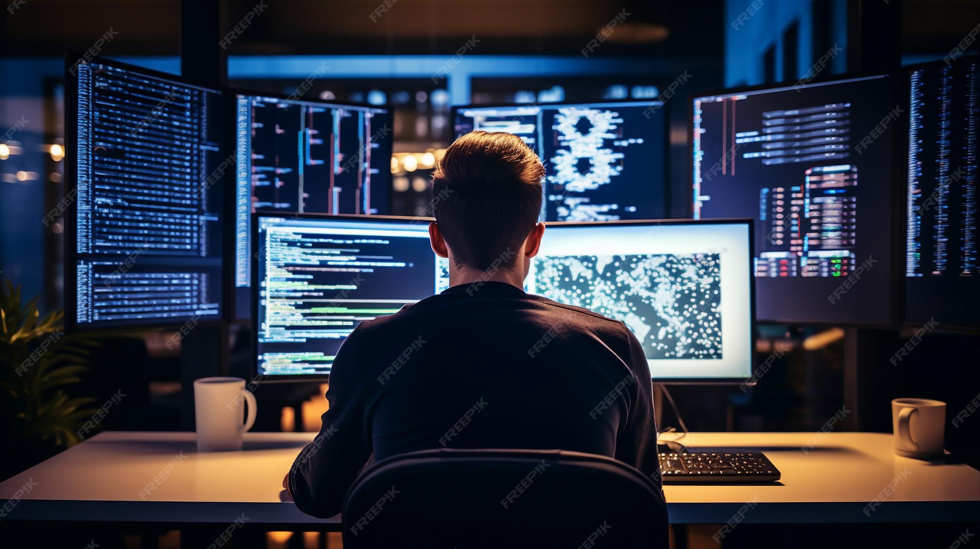 Premium AI Image | Programmer with multiple screens displaying code and ...