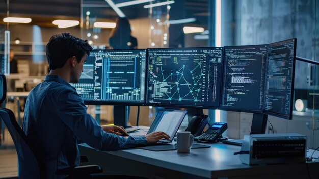 The programmer with multiple screens | Premium AI-generated image