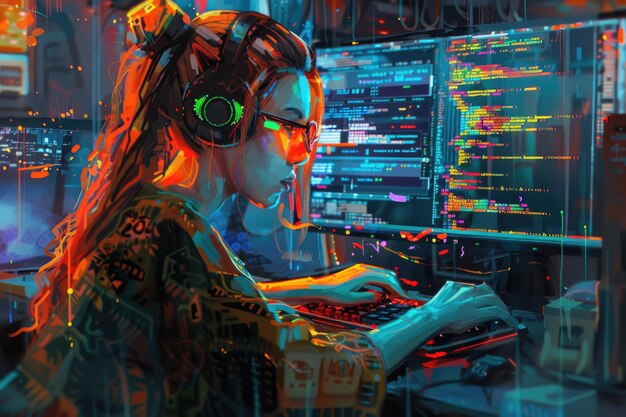 programmer woman coding on computer coder girl