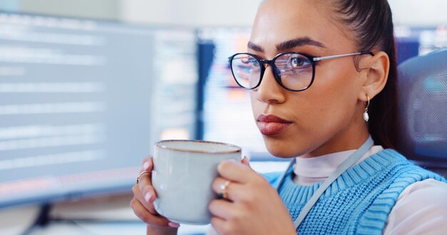 programmer woman or coffee with thinking of software development tech programming or system update professional app coding or cyber security with it database computer for data analysis or testing